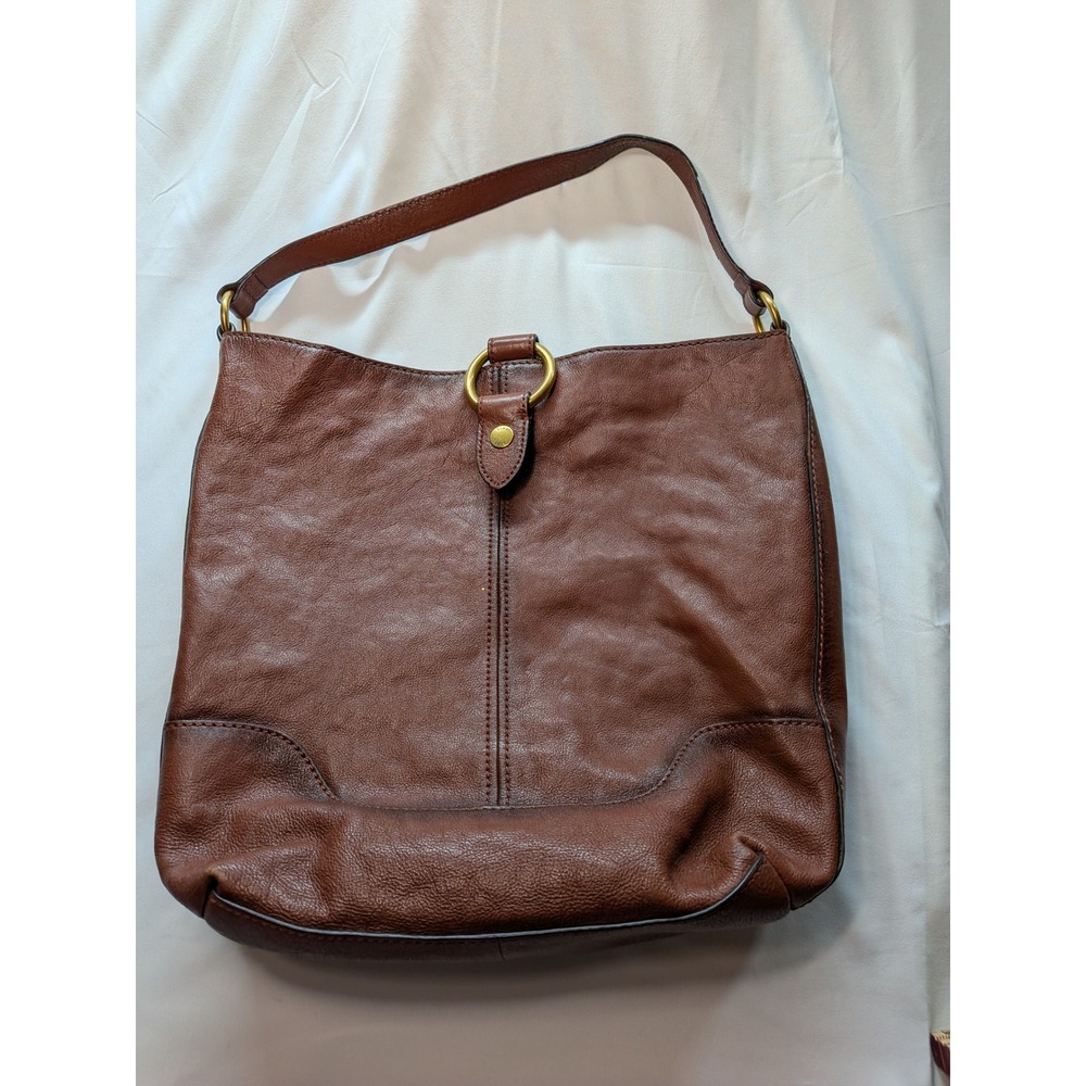 Frye Melissa Cognac Brown Leather Hobo Shoulder Bag Antique Brass Ring Detail